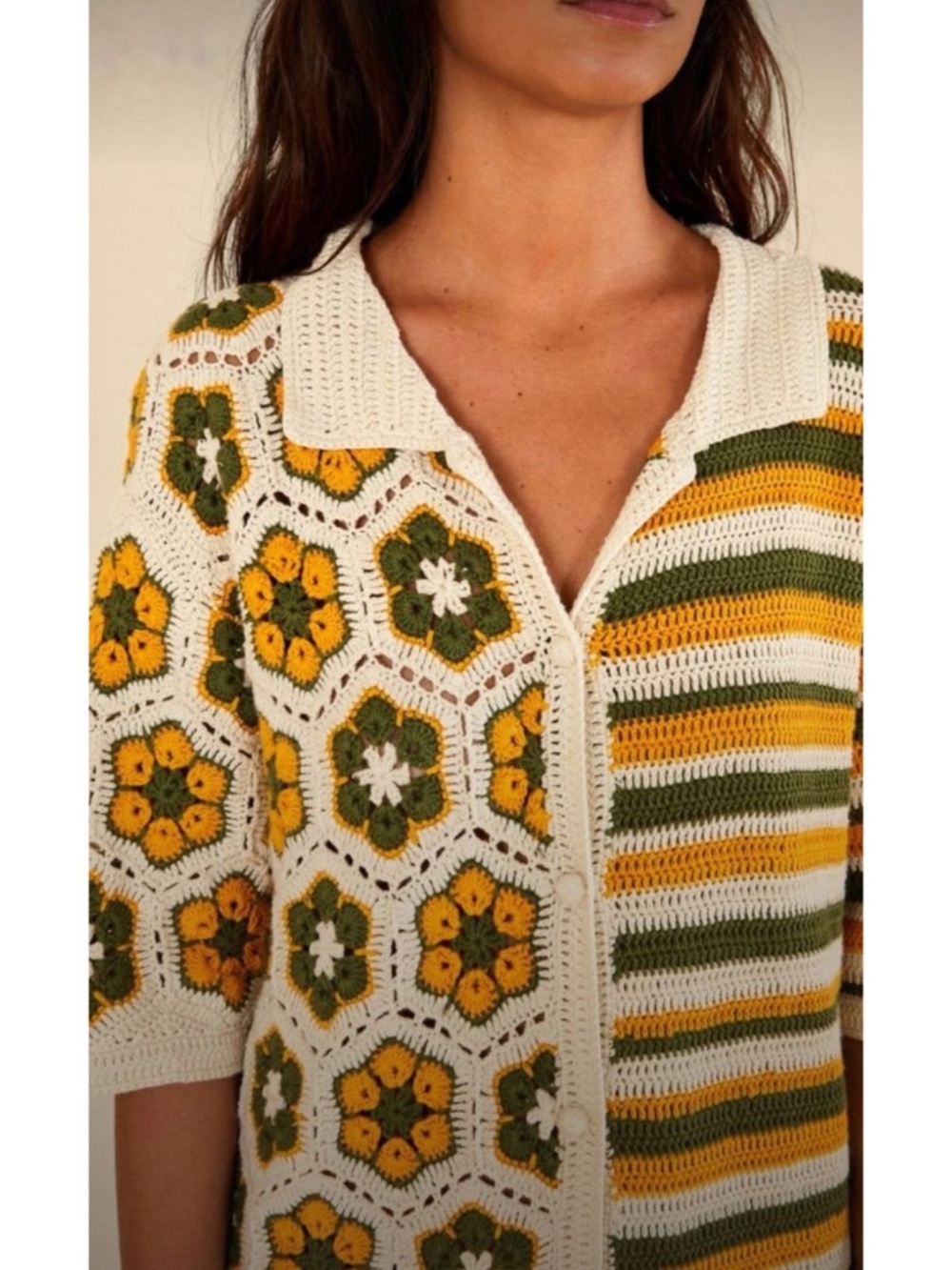 FARM Rio Cream, Mustard & Olive Crochet Button-Up Sweater - Picture 3 of 16